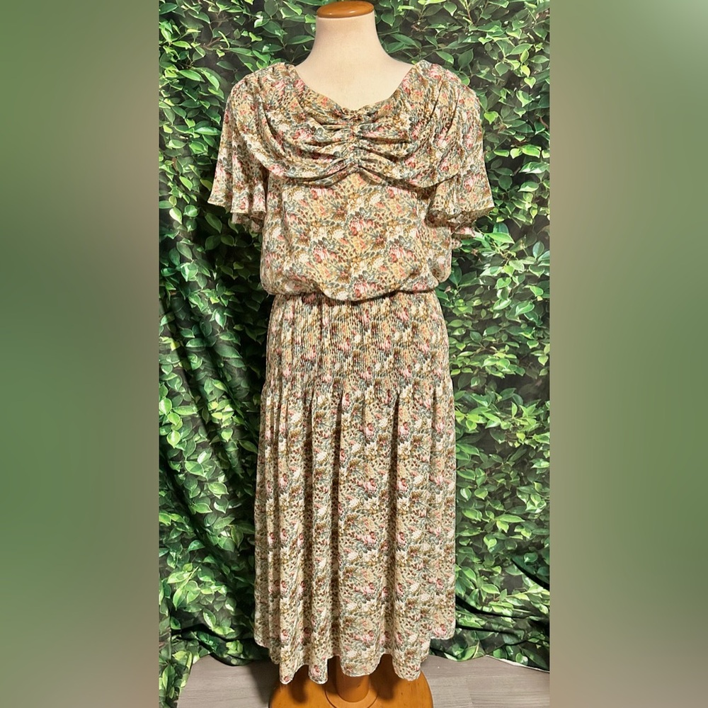 Vintage Maren Dress Floral Brown Green Pink Polyester USA Women’s Est. Med 10